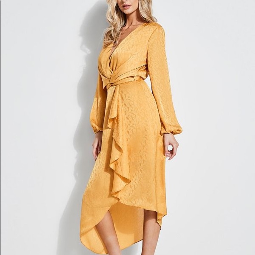 GUESS BIJOU RUFFLE SATIN MIDI DRESS